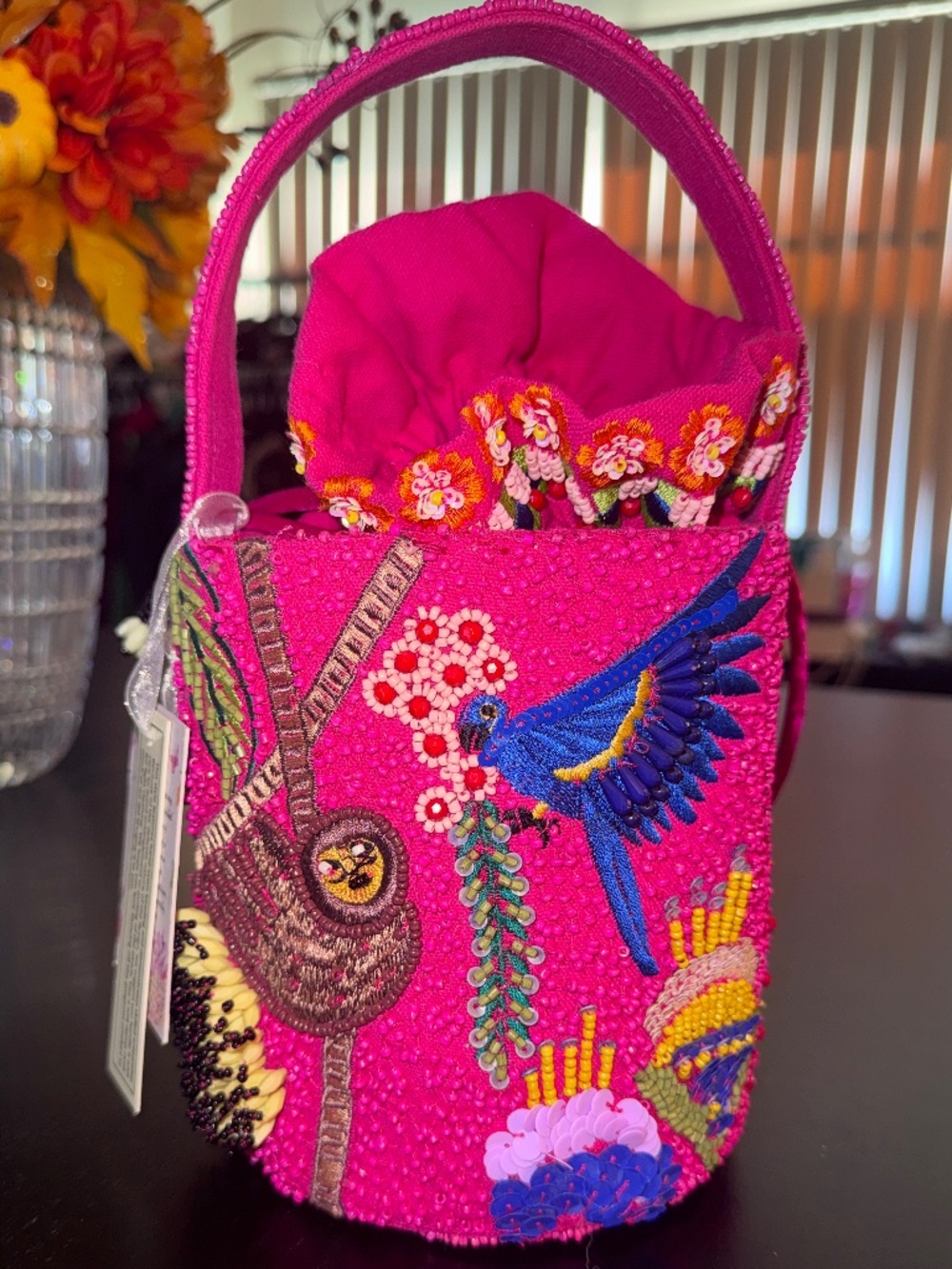 Pink Hand-Beaded Bucket-Style Bag with Handle and Drawstring Closure, NWT